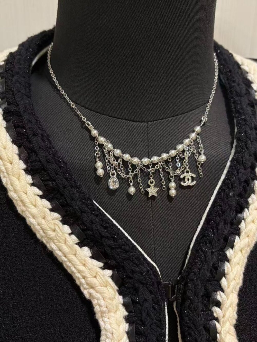 Chanel Style Pearl Tassel Necklace, Star & Teardrop Rhinestone Choker
